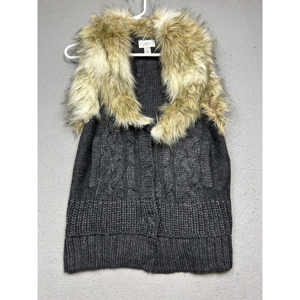Ann Taylor LOFT Vest Wool Blend Faux Fur Gray Medium Womens